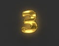 Shiny golden brassy font - number 3 isolated on dark grey, 3D illustration of symbols