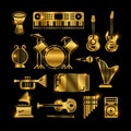 Shiny golden classic music instruments, silhouettes vector icons Royalty Free Stock Photo