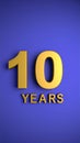 Shiny golden 3D number 10 and the word YEARS on a solid purple background for a milestone. Royalty Free Stock Photo
