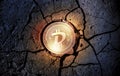 Shiny golden DIGIBYTE cryptocurrency coin on dry earth dessert background mining