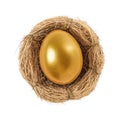 Shiny golden egg in nest on white background, top view Royalty Free Stock Photo