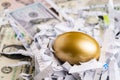 Shiny golden egg in paper nest with financial numbers on pile of US dollar banknote money metaphor of finding the good stock with Royalty Free Stock Photo