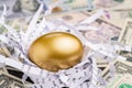 Shiny golden egg in paper nest with financial numbers on pile of US dollar banknote money metaphor of finding the good stock with Royalty Free Stock Photo