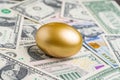 Shiny golden egg on pile of US America dollar banknotes money metaphor of finding the unbelievable good stock with high dividend Royalty Free Stock Photo