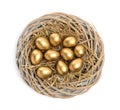 Shiny golden eggs in nest on white background, top view Royalty Free Stock Photo