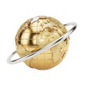 Shiny golden globe with silver ring orbiting around it isolated on white background Royalty Free Stock Photo