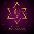 Shiny golden holy david star with traditional menorah (Candelabrum) on glossy purple background. Happy Hanukkah greeting card