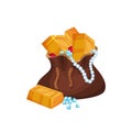 Shiny golden ingots, pearl necklace, diamonds and rubies in brown bag. Cartoon icon in flat style. Colorful vector
