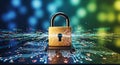 Golden digital padlock symbolizing cybersecurity and data protection on a circuit board background Royalty Free Stock Photo