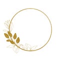 Shiny, golden round frame, vignette with golden eucalyptus leaves. clipart isolated on white background. design for wedding, congr Royalty Free Stock Photo