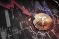 Shiny golden TETHER cryptocurrency coin broken on negative chart crash baisse falling lost deficit 3d rendering