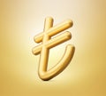 Shiny golden Turkish Lira Sign. TL currency symbol. Turkish Money. 3d illustration isolated background