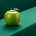 Green apple with a leaf attached rests on an emerald-colored Royalty Free Stock Photo
