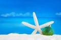 Shiny green ball with starfish on sand of beach. Christmas, New Year Royalty Free Stock Photo