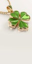 Shiny Green And Golden Clover Pendant And Copy Space. St Patricks Day Concept