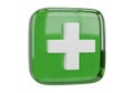 A shiny green square button with a prominent white cross in the center Royalty Free Stock Photo