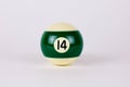 Shiny green white ball number 14 for billiard isolated on white background Royalty Free Stock Photo