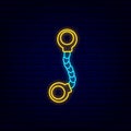 Shiny handcuffs neon icon. Prison concept. Adult toys neon sign on brick wall background. Vector stock illustration Royalty Free Stock Photo