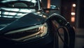 Shiny headlight illuminates luxurious sports car driving generated by AI Royalty Free Stock Photo