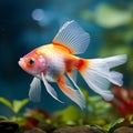 Shiny iridescent gold fish aquarium inhabitant swimming in water. Generative AI Royalty Free Stock Photo