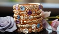 Shiny jewelry, elegant bracelet, precious gem, ornate necklace, glamorous ring generated by AI