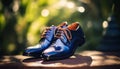 A shiny leather pair of men shoes walking on grass generated by AI