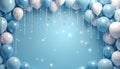 Shiny light blue, white balloons with decorative glitter strings frame soft blue gradient background. Festive illustration Royalty Free Stock Photo