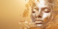 Shiny masks isolated on golding water cosmetic cream background. Closeup of Gold Cosmetic Face Mask on soft skin. Banner