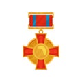 Shiny medal in circle shape with red cross. Golden reward for honor. Military award. Flat vector icon