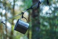 A shiny metal mug is hanging on a hook in the woods by a tree. A rope is stretched between the trees around the tent camp. Tourist Royalty Free Stock Photo