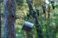 A shiny metal mug is hanging on a hook in the woods by a tree. A rope is stretched between the trees around the tent camp. Tourist Royalty Free Stock Photo