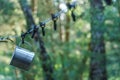 A shiny metal mug is hanging on a hook in the woods by a tree. A rope is stretched between the trees around the tent camp. Tourist Royalty Free Stock Photo