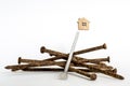 A shiny metal nail close-up lies on a pile of old rusty nails and is aimed at the house symbol on a white background. Royalty Free Stock Photo