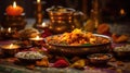 Shiny metal plates with fresh traditional Indian dishes
