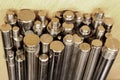 Shiny metal round bars and rods on steel background Royalty Free Stock Photo