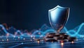 Shiny metal shield rests on stack of coins. Glowing lines create tech network background. Dark blue backdrop. Futuristic