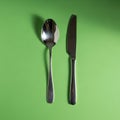 A shiny metal spoon and knife are placed parallelly on a solid green background. The Royalty Free Stock Photo