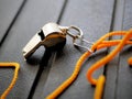 Shiny metal whistle with bright orange lanyard.