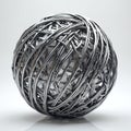 Shiny metal wire sphere sculpture is abstract. It has a complex, twisted structure of steel strands forming a round shape. The Royalty Free Stock Photo