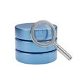 A shiny metallic magnifying glass is positioned over a stack of three blue database cylinders isolated on white background Royalty Free Stock Photo