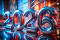 Shiny chrome numbers 2026 with red and blue reflections metallic Royalty Free Stock Photo