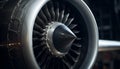 Shiny metallic propeller turning on modern airplane engine, close up view generated by AI