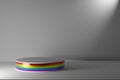 Shiny metallic rainbow lgbt podium on gray background 3d illustration