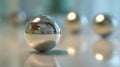 Shiny metallic spheres arranged on a smooth reflective surface with a softly focused background highlighting modern abstract Royalty Free Stock Photo
