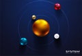 Shiny metallic spheres orbit around center ball on dark blue background. Science or education futuristic abstract design. Solar