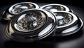 Shiny metallic wheel reflects clean black background in studio shot generated by AI