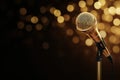 Shiny microphone ready for performance against a golden backdrop with soft bokeh lights Royalty Free Stock Photo