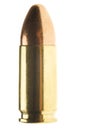 Shiny 9 mm caliber Bullet. Close-up of a 9mm full metal jacket ammo isolated on white background