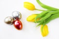 Shiny multicolored easter eggs and yellow tulips with green leaves