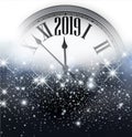 Shiny 2019 New Year background with clock. Greeting card. Royalty Free Stock Photo
